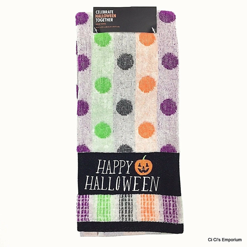 Happy Halloween Hand Towel Gray with Polka Dots 16 in x 25 in